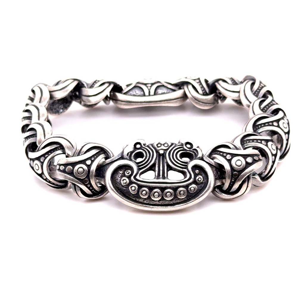 Sterling Silver Viking Norse Link Bracelet 95g 8.5" Heavy Oxidized Biker Jewelry